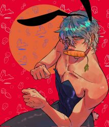  1boy alternate_costume arms_up blue_hair bodycon carrot clenched_hand collarbone cove_holden doodle_inset food_in_mouth halo halo_behind_head highres holding holding_carrot looking_at_viewer male_focus male_playboy_bunny messy_hair our_life:_beginnings_and_always pantyhose pectoral_cleavage pectorals rabbit rabbit_ear_headwear sadlad03 short_hair solo toned toned_male upper_body 