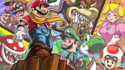  1girl 4boys blonde_hair blue_eyes bowser breasts brooch brown_hair captain_toad carrying_bag claws crown dress earrings evil_grin evil_smile facial_hair fat fat_man gloves grin hat horns jewelry long_hair luigi mario mario_(series) medium_breasts multiple_boys mustache nintendo overalls pink_dress piranha_plant princess_peach red_eyes red_hair sano_br scarf smile wario yoshi  rating:General score:5 user:Mr._Jive