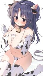  1girl ? absurdres alternate_costume animal_ear_hairband animal_ears animal_print armpit_crease bare_shoulders bell belt_collar bikini blue_hair blush bottle breasts clannad cleavage clenched_hands clueless collar collarbone commentary_request commission cow_ears cow_horns cow_print cow_print_bikini cow_print_gloves cow_print_thighhighs cow_tail cowbell curvy elbow_gloves fake_animal_ears fake_horns fake_tail glass_bottle gloves hair_between_eyes hair_bobbles hair_ornament hairband halterneck hands_up highres horns ichinose_kotomi knees_out_of_frame large_breasts long_hair looking_at_viewer milk milk_bottle navel neck_bell no_shoes parted_lips print_bikini print_gloves print_thighhighs purple_eyes raised_eyebrows sexually_suggestive simple_background sitting skeb_commission skindentation solo sweatdrop swimsuit tail takepoison thighhighs thighs two_side_up wariza white_background white_bikini white_hairband white_thighhighs 