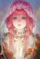  1girl absurdres blue_sky braid camellia chinese_commentary cloud commentary_request crying crying_with_eyes_open day dress floral_print flower flower_and_jenny_(shining_nikki) gloves hair_over_shoulder heart heart_print highres lips long_hair nikki_(nikki) nikki_(series) outdoors own_hands_together parted_lips pink_hair pink_lips red_flower red_ribbon ribbon rose_print sad sea0 see-through_clothes see-through_veil shining_nikki sky solo streaming_tears tears teeth twin_braids upper_body veil white_dress white_gloves white_veil yellow_eyes 