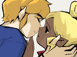  1boy 1girl black_eyes blonde_hair blue_shirt closed_eyes commentary_request dark-skinned_female dark_skin grey_background height_difference hetero highres imminent_kiss link looking_at_another nintendo pointy_ears profile senzo6700 shirt short_hair simple_background tetra the_legend_of_zelda the_legend_of_zelda:_the_wind_waker toon_link 
