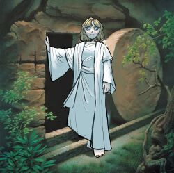  1girl bad_feet barefoot blonde_hair blue_eyes cave commentary cosplay easter english_commentary fine_art_parody grass hand_rest he_lives_(simon_dewey) highres hololive hololive_english jesus jesus_(cosplay) looking_up medium_hair msgrime outdoors parody plant robe smile solo standing the_bible tree triangle_nose watson_amelia white_robe 