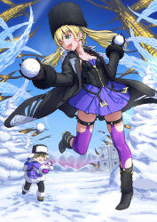  1boy 1girl black_boots black_coat black_gloves black_hat black_pants blonde_hair blue_sky boots breasts brother_and_sister coat code_vein commentary dress fur-trimmed_coat fur-trimmed_jacket fur_hat fur_trim gloves green_eyes hat highres holding holding_snowball jacket long_hair mia_karnstein mitei_(pixiv2505037) mittens nicola_karnstein one_eye_closed open_clothes open_coat open_mouth outdoors pants purple_dress purple_jacket purple_mittens purple_thighhighs ruins siblings sky small_breasts snow snowball snowball_fight thigh_strap thighhighs twintails winter winter_clothes zipper 