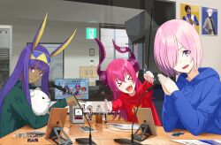  &gt;_&lt; 3girls absurdres animal_ears arts_shirt blue_hoodie buster_shirt dark-skinned_female dark_skin elizabeth_bathory_(fate) facepaint fate/grand_order fate_(series) fudayasa hair_over_one_eye hairband highres holding hood hoodie horns jackal_ears long_hair mash_kyrielight multiple_girls nitocris_(fate) ookubo_rumi pointy_ears purple_eyes purple_hair quick_shirt real_life_insert red_hair red_hoodie short_hair stuffed_animal stuffed_toy takahashi_rie tanaka_minami_(voice_actor) voice_actor_connection 