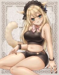  1girl absurdres animal_ears aqua_eyes black_nails black_shirt black_shoes blonde_hair border bow bowtie bracelet breasts brown_border cat_ears cat_girl cat_tail commentary_request commission crescent crescent_earrings cropped_shirt cross-laced_slit earrings feet_out_of_frame final_fantasy final_fantasy_xiv flower grey_background hand_on_own_thigh head_tilt highres jewelry kuro11_222 large_breasts long_hair maid_headdress midriff miqo&#039;te multiple_bracelets navel pink_bow plump ring shirt shoes sideboob single_earring sitting skeb_commission skindentation sleeveless sleeveless_shirt slit_pupils solo tail warrior_of_light_(ff14) 