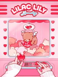  1girl crane_game gem heart highres jewelry long_sleeves mxx025 nail_art original pov pov_hands red_nails red_theme ring solo stuffed_animal stuffed_toy teddy_bear white_nails wings 