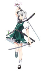  1girl absurdres arm_up artist_name black_bow black_eyes black_hairband black_shoes bloomers bobby_socks bow bow_hairband bowtie buttons commentary_request dual_wielding flower frilled_skirt frills full_body green_skirt green_vest grey_hair hairband highres hitodama_print holding holding_sword holding_weapon katana konpaku_youmu layered_skirt looking_at_viewer mary_janes motimoti_mgmg parted_lips print_skirt print_vest puffy_short_sleeves puffy_sleeves sheath shirt shoes short_sleeves skirt socks solo spider_lily standing standing_on_one_leg sword touhou twitter_username underwear unsheathed vest weapon white_bloomers white_flower white_shirt white_socks white_spider_lily 