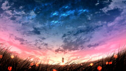  1girl absurdres blurry cloud commentary_request dress evening facing_away field from_below furi0831 gradient_sky highres horizon landscape lens_flare night night_sky on_grass original outdoors pink_sky scenery short_hair silhouette sky solo star_(sky) starry_sky sunset twilight 