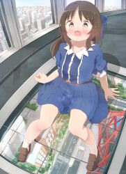  1girl 22m absurdres blue_shirt blue_skirt bobby_socks brown_eyes brown_hair brown_shoes embarrassed highres idolmaster idolmaster_cinderella_girls loli long_hair miniskirt open_mouth pee peeing peeing_self shirt shoes short_sleeves skirt socks solo tachibana_arisu white_socks 