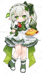  1girl :q alternate_costume apron blush bottle bow bowtie commentary_request dress food full_body gem genshin_impact gloves gotoh_(nekocat) gradient_hair green_bow green_bowtie green_dress green_eyes green_gemstone green_hair green_shoes hair_between_eyes hair_bow hair_ornament hairband hand_up holding holding_bottle holding_tray leaf_hair_ornament long_hair multicolored_hair nahida_(genshin_impact) omelet omurice pastry_bag pointy_ears shoes side_ponytail standing star-shaped_pupils star_(symbol) symbol-shaped_pupils tongue tongue_out tray watermark white_dress white_gloves white_hair white_hairband 