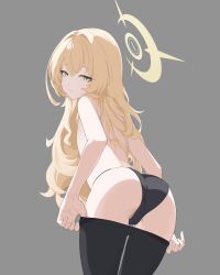  1girl absurdres ass black_panties black_pantyhose blonde_hair blue_archive closed_mouth clothes_pull flat_chest from_behind green_eyes grey_background hair_between_eyes halo highres leaning_forward loli long_hair looking_at_viewer looking_back mandara3a panties pantyhose pantyhose_pull professor_niyaniya_(blue_archive) pulling_own_clothes simple_background solo topless_female underwear undressing wavy_hair yellow_halo 