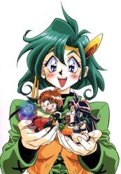  1990s_(style) 3girls aqua_hair armor bikini_armor black_hair blush breasts bullying chibi earrings energy_ball fighting headband holding holding_sword holding_weapon jewelry large_breasts lina_inverse long_sleeves looking_at_another medium_hair multiple_girls naga_the_serpent official_art orange_hair purple_eyes retro_artstyle revealing_clothes sarina_(slayers) simple_background slayers slayers_return smile sword tongue tongue_out weapon 