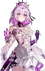  1girl bare_shoulders black_tiara blush breasts castorice_(honkai:_star_rail) cowboy_shot dress flower gloves hair_flower hair_ornament honkai:_star_rail honkai_(series) liverpool0427 long_hair looking_at_viewer medium_breasts midriff pink_flower pink_hair pointy_ears purple_eyes purple_gloves simple_background solo standing tiara very_long_hair white_background white_dress 