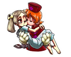  2girls absurdres bloody_marie_(skullgirls) carrying carrying_person gloves h0n3ybtl hat highres kissing_cheek latex latex_gloves multiple_girls nurse nurse_cap peacock_(skullgirls) skullgirls yuri 