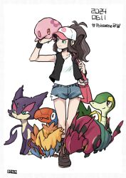  1girl antenna_hair archen black_vest boots brown_hair collarbone commentary_request copyright_name dated exposed_pocket gen_5_pokemon grey_shorts hat highres hilda_(pokemon) holding_strap looking_to_the_side munna nanndana nintendo open_clothes open_vest pink_bag pokemon pokemon_(creature) pokemon_bw ponytail purrloin shirt shorts sidelocks signature sleeveless sleeveless_shirt snivy standing venipede vest white_background white_hat white_shirt 