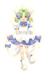  1girl 58_(scbaby) absurdres ahoge animal_hat bell blue_bow blue_dress bow cat_hat cat_tail dejiko di_gi_charat dress frilled_dress frills full_body green_eyes green_hair hat highres jingle_bell looking_at_viewer mittens open_mouth solo tail white_background white_mittens 