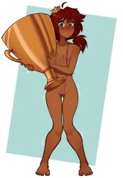  1girl ahoge award_ribbon barefoot blush body_freckles commentary crown dark-skinned_female dark_skin english_commentary flying_sweatdrops freckles full_body gluteal_fold green_background hair_between_eyes highres holding holding_trophy knees_together_feet_apart long_hair looking_at_viewer malberrybush malyna_(malberrybush) mini_crown navel original oversized_object pink_slingshot_swimsuit red_hair simple_background slingshot_swimsuit smile solo standing swimsuit thigh_gap tilted_headwear trembling trophy wavy_mouth  rating:Questionable score:121 user:danbooru