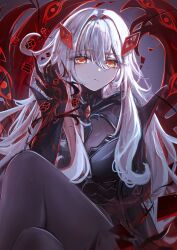  1girl black_dress claws cowlick cube dress expressionless eye_symbol genshin_impact hair_intakes hand_up highres long_hair looking_at_viewer ronova_(genshin_impact) shyaruru solo symbol-shaped_pupils upper_body white_hair yellow_eyes 