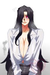 alternate_breast_size bangs_over_eyes bangs_over_one_eye black_hair blush breasts breasts_squeezed_together cleavage female_focus genderswap genderswap_(mtf) grabbing_another&#039;s_breast groping heart highres large_breasts lips long_hair looking_at_viewer maharirisu7318 melty_blood michael_roa_valdamjong office_lady plump red_eyes sagging_breasts shirt skirt spoken_heart sweatdrop thick_lips tsukihime type-moon upper_body vampire wide_hips