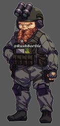  1boy beard binoculars black_boots black_gloves bodysuit boots boy&#039;s_club bulletproof_vest commentary commentary_request commission counter-strike_(series) counter-strike_2 deep_rock_galactic dwarf english_commentary facial_hair fingerless_gloves full_body gloves grey_background grey_bodysuit helmet highres holster hugo_(rushbordie) male_focus military_uniform orange_eyes orange_facial_hair pepe_the_frog simple_background solo thigh_holster v-shaped_eyebrows 