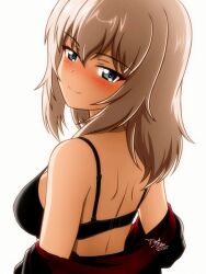  1girl anime_coloring artist_name backlighting bare_back bare_shoulders black_bra black_jacket blue_eyes blush bra bra_strap breasts commentary dated girls_und_panzer grey_hair hair_between_eyes half-closed_eyes highres itsumi_erika jacket jacket_partially_removed kd_esler kuromorimine_military_uniform light_blush looking_at_viewer looking_back medium_breasts nose_blush parted_lips partially_undressed seductive_smile sideboob signature simple_background smile solo underwear upper_body white_background 