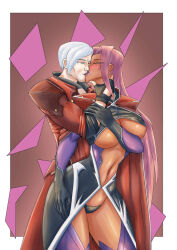  1boy 1girl action_taimanin breasts crossover dante_(devil_may_cry) dated devil_may_cry_(series) hetero ingrid_(taimanin_asagi) kiss large_breasts long_hair pigeonprof revealing_clothes short_hair taimanin_(series) taimanin_murasaki thong 