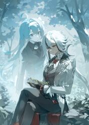  2girls absurdres ahoge arlecchino_(genshin_impact) black_eyes black_gloves black_jacket black_pants buttons clervie_(genshin_impact) coat crossed_legs double-breasted fingernails genshin_impact ghost gloves hand_on_another&#039;s_head highres holding holding_wreath jacket long_hair low_ponytail multicolored_hair multiple_girls outdoors pants ponytail red_nails red_pupils sharp_fingernails sitting suxiaoli516 symbol-shaped_pupils tree two-tone_hair white_coat white_hair x-shaped_pupils 
