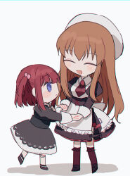  2girls ^_^ aged_down apron ascot bakara_(19083210) black_dress black_shoes black_skirt blue_eyes blush_stickers brooch brown_hair child chromatic_aberration closed_eyes collared_shirt commentary_request deformed dress film_grain frilled_apron frills hair_bobbles hair_ornament hat highres holding_hands jewelry long_hair maid mammon_(umineko) manon_(umineko) multiple_girls open_mouth red_ascot red_socks shirt shoes short_hair sidelocks skirt smile socks tareme two_side_up umineko_no_naku_koro_ni ushiromiya_ange waist_apron white_apron white_background white_hat white_shirt white_socks 