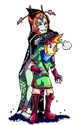  1boy 1girl 2015 barefoot black_cloak black_skin blonde_hair blue_eyes blue_scarf blue_skin boots brown_boots brown_gloves cloak colored_sclera colored_skin eyelashes fingerless_gloves gem gloves green_hat green_tunic grin hat height_difference hood hyrule_warriors jewelry leaning_on_person link markings midna midna_(true) multicolored_skin nintendo orange_hair red_eyes red_gemstone scarf setz short_sleeves simple_background smile tall_female the_legend_of_zelda the_legend_of_zelda:_twilight_princess tunic v-shaped_eyebrows white_background yellow_sclera 
