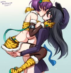  2girls animal_print artist_name banchou bandeau bare_shoulders black_hair black_shirt blush bottomless breasts brown_gloves brown_skirt carrying carrying_person child_carry closed_eyes clothes_lift commentary dated delinquent detached_sleeves english_commentary english_text gloves gradient_background hairband hands_on_another&#039;s_neck hat jacket kiss long_hair looking_at_another love_live! love_live!_school_idol_festival medium_breasts mina_cream multiple_girls nipples oni_costume open_clothes open_jacket peaked_cap purple_hair purple_jacket sakamaki_chiduko school_uniform shiga_hitomi shion_girls_academy_school_uniform shirt shirt_lift short_hair skirt thighhighs tiger_print yellow_bandeau yellow_eyes yellow_gloves yellow_hairband yellow_skirt yuri 