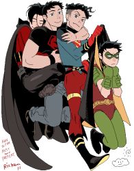  2011 4boys batman_(series) belt black_hair blue_eyes boots cape conner_kent dc_comics denim domino_mask dual_persona frown gloves green_gloves unworn_headwear hug jeans kon-el mask multiple_boys multiple_persona pants red_gloves red_robin ricken robin_(dc) s_shield shirt smile split-toe_footwear superboy superman_(series) t-shirt jika-tabi tim_drake time_paradox wristband  rating:Sensitive score:11 user:nrt