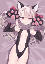  1girl akaneko016 animal_ear_fluff animal_ears animal_hands bare_shoulders bell black_gloves black_leotard black_thighhighs blush blush_stickers breasts cat_ears center_opening elbow_gloves fake_animal_ears fate/kaleid_liner_prisma_illya fate_(series) fur_collar gloves hair_ribbon highres illyasviel_von_einzbern illyasviel_von_einzbern_(beast_style) jingle_bell leotard long_hair looking_at_viewer lying navel on_back paw_gloves red_eyes ribbon sidelocks small_breasts smile solo thighhighs thighs white_hair 