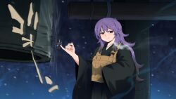  1girl bell black_kimono cold highres hijiri_byakuren japanese_clothes joya_no_kane kimono long_hair night purple_hair shundou_heishirou smile solo sound_effects touhou wide_sleeves 