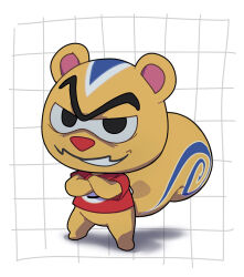  1boy animal_crossing animal_ears animal_nose chibi chibikemo commentary_request crossed_arms furry furry_male grid_background kopa_nishikida male_focus nintendo red_shirt ricky_(animal_crossing) shirt short_sleeves simple_background smirk smug solo squirrel_boy squirrel_ears squirrel_tail tail unibrow white_background yellow_fur 