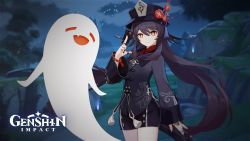 1girl bead_bracelet beads black_hat black_nails black_shorts bracelet brown_hair chinese_clothes collared_coat flower flower-shaped_pupils genshin_impact ghost hat hat_flower highres hu_tao_(genshin_impact) jewelry long_hair long_sleeves looking_at_viewer multiple_rings nail_polish official_art official_wallpaper plum_blossoms porkpie_hat red_eyes ring shorts symbol-shaped_pupils talisman tassel rating:General score:15 user:danbooru
