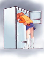  1girl 241543903 bowing brown_hair female_focus gradient_background idolmaster idolmaster_(classic) indoors meme panties pantyshot refrigerator skirt socks solo takatsuki_yayoi twintails underwear yanagie 