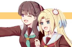  2girls ;d amane61115 aqua_neckerchief blonde_hair blue_eyes blue_hair brown_hair commentary curtained_hair finger_heart fujishima_megumi gradient_hair hasu_no_sora_school_uniform highres link!_like!_love_live! long_hair looking_ahead love_live! mira-cra_park! multicolored_hair multiple_girls neckerchief one_eye_closed open_mouth osawa_rurino parted_bangs purple_eyes red_neckerchief school_uniform selfie simple_background smile summer_uniform twintails two_side_up upper_body virtual_youtuber white_background winter_uniform 