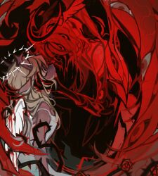  1girl 1other angel_wings animal_ears antlers black_background blonde_hair colored_skin deer_antlers deer_ears deltarune extra_eyes from_side furry furry_female halo hands_on_another&#039;s_face head_wings highres horns long_hair noelle_holiday noelle_holiday_(dark_world) red_eyes red_hair red_skin roachietea soul_(deltarune) upper_body weird_route_(deltarune) wings 