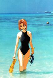  1girl black_one-piece_swimsuit egawa_tatsuya flippers golden_boy highres kanzaki_yuka magazine_scan newtype ocean official_art one-piece_swimsuit outdoors red_hair scan short_hair snorkel snorkel_mask solo standing swimsuit third-party_source wading water 