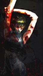  1girl arms_up black_pants black_shirt blood blood_splatter cowboy_shot green_hair high-waist_pants highres jujutsu_kaisen kyezzzz looking_at_viewer pants shirt short_hair sleeveless sleeveless_shirt solo stretching v-shaped_eyebrows zen&#039;in_maki  rating:Sensitive score:1 user:danbooru