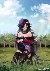  1225chew 1girl artist_name black_thighhighs blue_sky blush brown_hair closed_mouth commentary day dress english_commentary fence flipped_hair full_body grass hair_over_one_eye hat highres humanization kneeling long_hair looking_at_viewer off-shoulder_dress off_shoulder outdoors panties purple_dress purple_eyes purple_hat purple_panties rice_shower_(umamusume) sky smile solo thighhighs tilted_headwear umamusume underwear 
