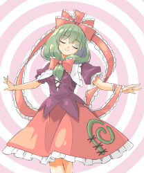  1girl arnest bow closed_eyes facing_viewer frilled_skirt frills front_ponytail green_hair hair_ribbon highres kagiyama_hina puffy_short_sleeves puffy_sleeves red_bow red_ribbon ribbon short_sleeves skirt smile solo touhou 