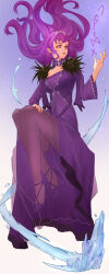  absurdres dress eyelashes fate/grand_order fate_(series) fur-trimmed_dress fur_trim gradient_hair high_heels highres ice just_we long_dress multicolored_hair purple_dress purple_hair red_eyes runes scathach_(fate) scathach_skadi_(fate) see-through_clothes see-through_dress wide_sleeves 