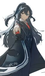  1boy absurdres black_eyes black_hair black_vest blue_eyes collared_shirt cowboy_shot double-parted_bangs expressionless hair_between_eyes hair_flowing_over halberd heterochromia high_ponytail highres holding holding_polearm holding_weapon hong_lu_(project_moon) lcb_uniform_(project_moon) limbus_company long_hair looking_at_viewer necktie pointing pointing_at_viewer polearm ponytail pov project_moon red_necktie shirt simple_background solo very_long_hair vest weapon white_background white_shirt xnol_xaxl 