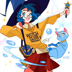  bag bishoujo_senshi_sailor_moon black_hat blue_cat blue_eyes blue_hair boissb commentary english_commentary facial_mark forehead_mark glasses hat mercury_symbol mizuno_ami orange_sweater red_skirt semi-rimless_eyewear short_hair shoulder_bag skirt smile sweater water water_drop witch witch_hat 