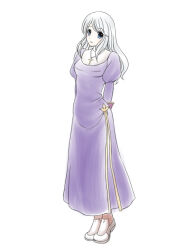  1girl arms_behind_back breasts brown_shoes closed_mouth commentary_request cross cross_necklace dress expressionless full_body grey_eyes grey_hair hiruankou jewelry juliet_sleeves long_dress long_hair long_sleeves looking_at_viewer medium_breasts necklace priest_(ragnarok_online) puffy_sleeves purple_dress ragnarok_online shoes side_slit simple_background solo white_background 