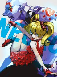 1boy 1girl absurdres bald blonde_hair blue_eyes bow bracelet choker collar couple earrings effie_(street_fighter) facial_mark highres holding_tongue jewelry metal_collar necro_(street_fighter) no_pupils pale_color pale_skin sitting sitting_on_lap sitting_on_person spiked_bracelet spiked_choker spiked_dress spikes street_fighter street_fighter_iii_(series) tongue tongue_out toubankaware twintails yellow_eyes