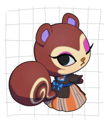  1girl animal_crossing animal_ears animal_nose apron black_eyes brown_apron brown_fur chibi chibikemo commentary_request crossed_arms dress eyeshadow from_behind frown furry furry_female grid_background kopa_nishikida looking_at_viewer looking_back makeup nintendo one_eye_closed pecan_(animal_crossing) purple_eyeshadow simple_background solo squirrel_ears squirrel_girl squirrel_tail tail white_background yellow_fur 