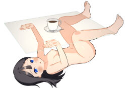  barefoot black_hair blue_eyes blush breasts completely_nude cup feet full_body glass holding human_furniture kai-o looking_at_viewer lying medium_hair navel nipples nude on_back original parted_lips simple_background small_breasts teacup thighs toes white_background 