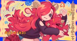 &gt;_&lt; 2girls @_@ animal_ears animal_legs black_eyes black_sweater carrying carrying_person chibi chibikemo commentary dual_persona english_commentary furrification furry furry_female goat_ears goat_girl goat_horns goat_tail hair_over_one_eye highres holding_chibi hooves horns long_hair looking_at_viewer monster_girl multiple_girls open_mouth original person_and_furrification red_fur red_hair satyr shorts sidelocks skullsideart sweater translation_request 
